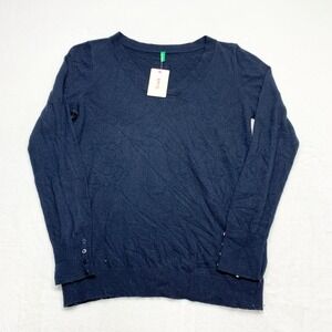 United Colors of Benetton V-Neck Sweater Women M Navy Blue Button Cuff Knit